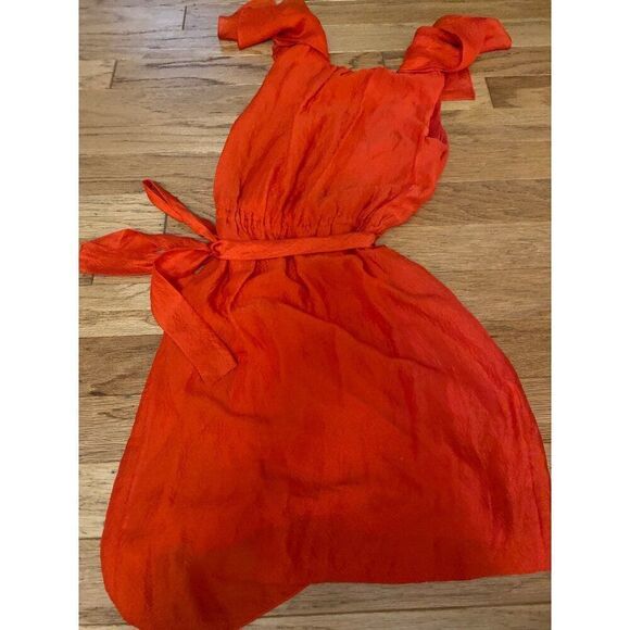Calvin Klein Women's Red Ruffle Sleeve lined silk scoop neck tied waist Dress 2 - Picture 8 of 9